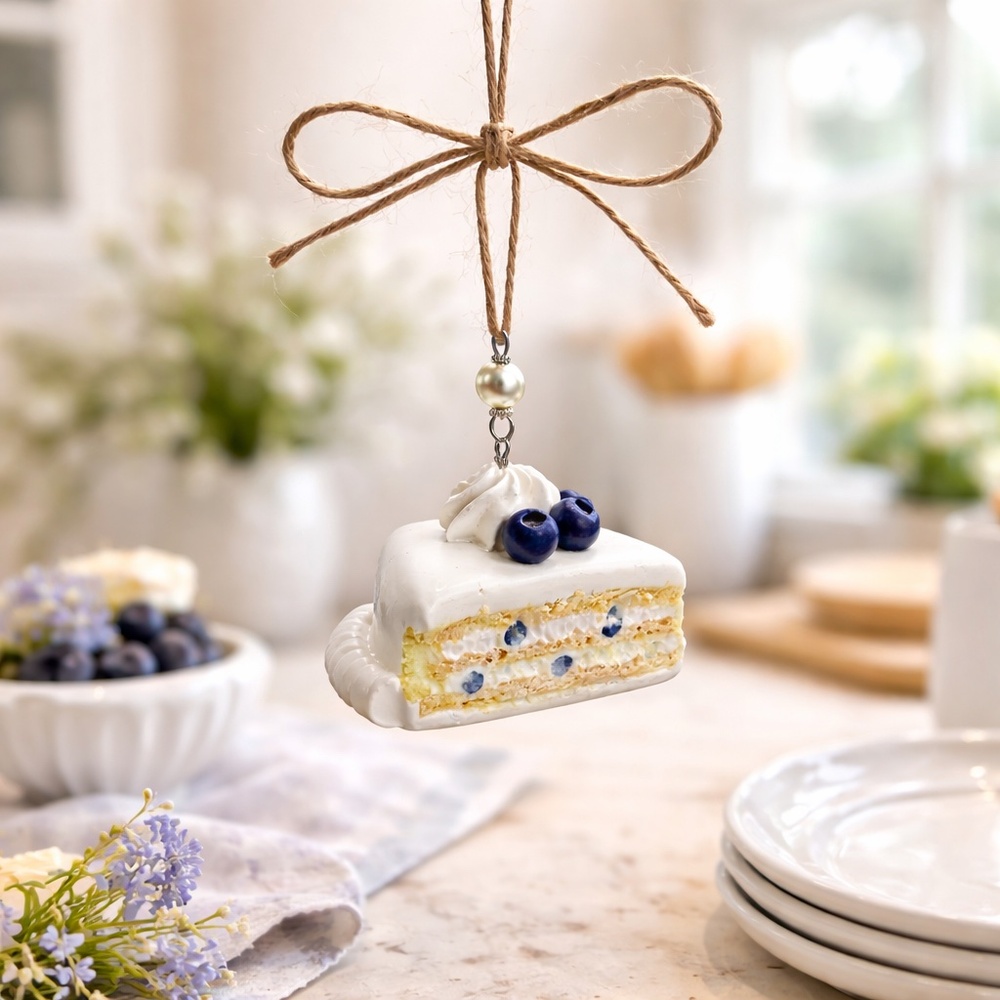 Blueberry Cream Layer Cake Ornament – Mini Handmade Dessert Slice Hanging Decor